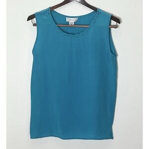 Vintage Silk Land Sleeveless‎ Blouse Medium Turquoise 100% Silk Corporate Glam